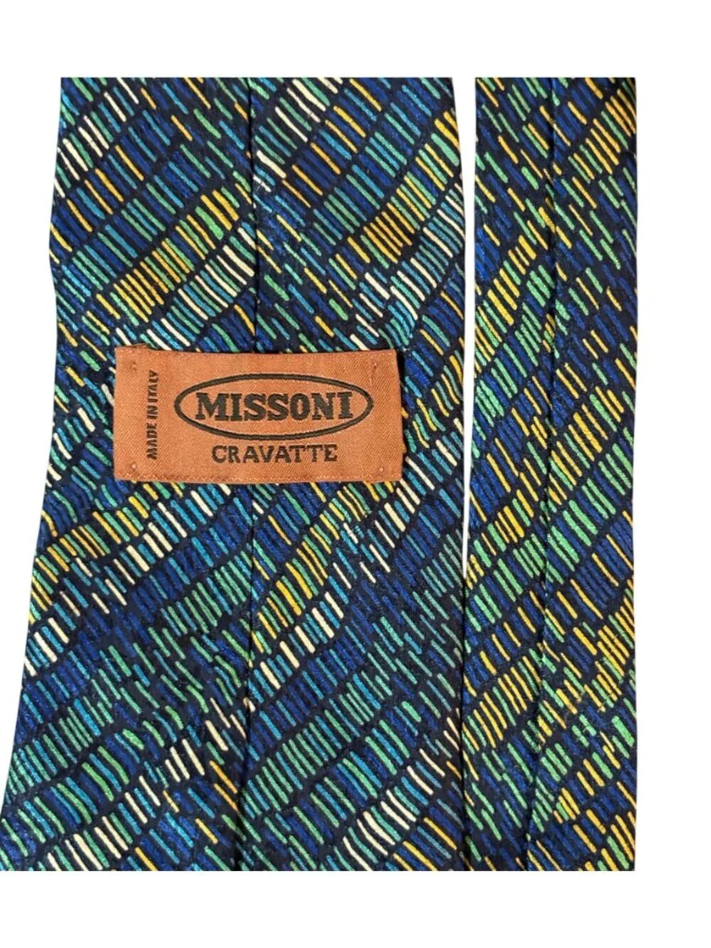 VTG Missoni Cravates Silk Tie Diagonal Peacock Blue Green Gold Necktie 58X4